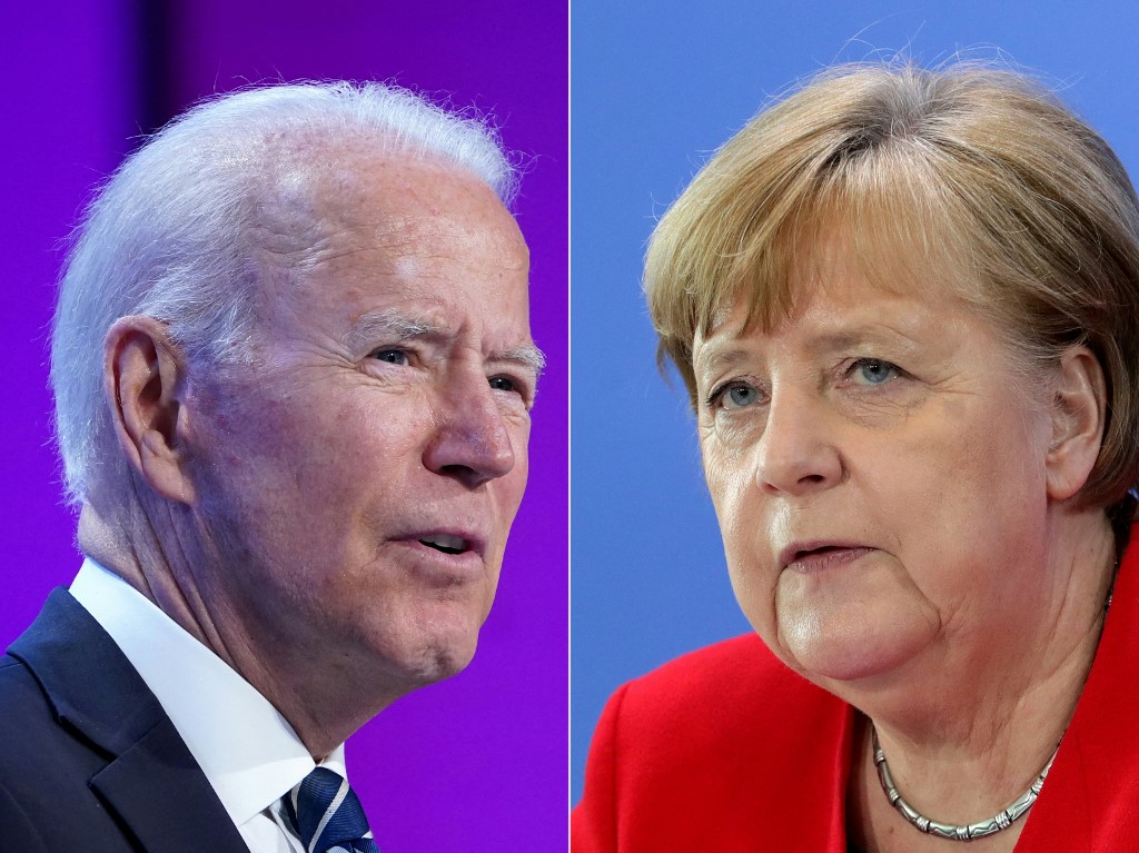 Montage photo montrant le président américain Joe Biden et la chancelière allemande Angela Merkel. Crédit MANDEL NGAN, Michael Sohn / AFP / POOL