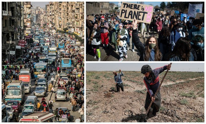 Un embouteillage dans le quartier d'Attaba, au centre de la capitale égyptienne, Le Caire, un militant pour le climat en France et des agriculteurs irakiens travaillant dans une ferme près de Khanaqin. (AFP/File Photos)