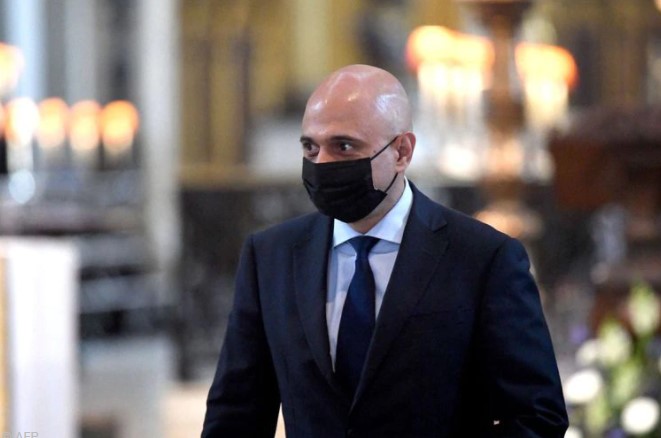 Le ministre de la Santé britannique, Sajid Javid portant un masque sanitaire. Archives AFP