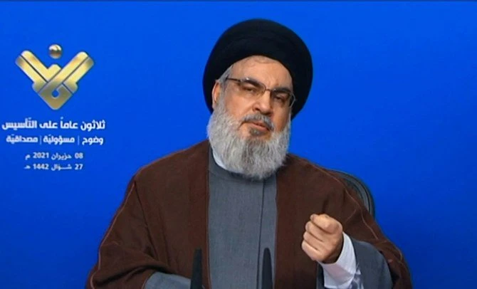Hassan Nasrallah, le chef du mouvement chiite libanais Hezbollah, lors d’une allocution télévisée. (AFP)