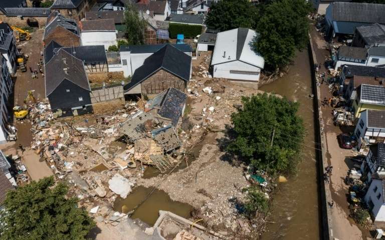 Vue aérienne des dégâts provoqués par les inondations à Iversheim, le 18 juillet 2021 en Allemagne AFP - SEBASTIEN BOZON