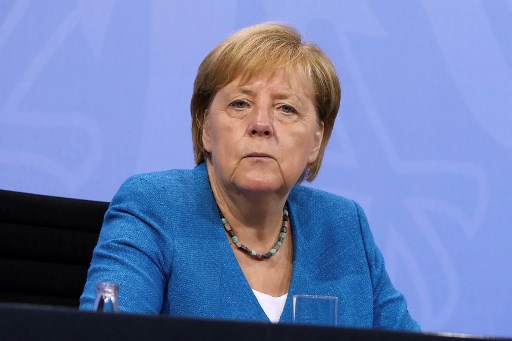 La chancelière allemande Angela Merkel lors d'une conférence de presse à la suite d'une réunion par vidéoconférence avec les chefs de gouvernement des États fédéraux allemands à la Chancellerie de Berlin le 10 août 2021. (Christian Mang/Pool/AFP)