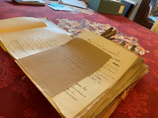 Cette photographie prise le 10 août 2021 montre des manuscrits récemment découverts de l'auteur français Louis-Ferdinand Céline, dans un cabinet d'avocats à Paris. Quelque 6 000 feuilles inédites ont été récupérées fin juillet par les héritiers de Louis-Ferdinand Céline (1894-1961) et de sa veuve, Lucette Destouches, décédée en 2019. (Nicolas Bove/AFP)