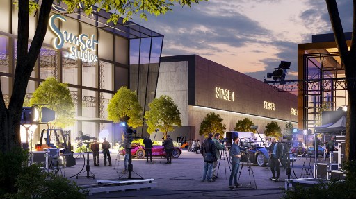 Une impression d'artiste publiée par Blackstone le 2 août 2021 montre le développement proposé d'un nouveau centre Sunset Studios pour la production cinématographique, télévisuelle et numérique à Broxbourne, au nord de Londres. (Blackstone/AFP)