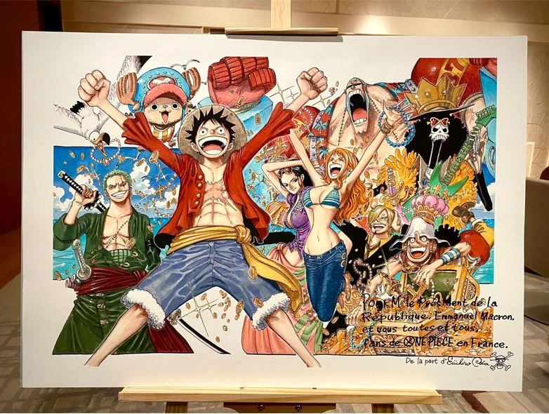 Le président français reçoit un dessin dédicacé d'Eiichirō Oda, le créateur du manga One Piece