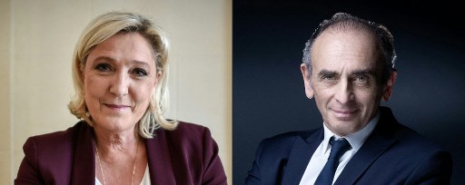 Cette combinaison d'images d'archives créées le 3 septembre 2021 montre la présidente du Rassemblement national (RN) d'extrême droite française Marine Le Pen et l'idéologue d'extrême droite français Éric Zemmour. (Joel Saget, Stephane de Sakutin / AFP)