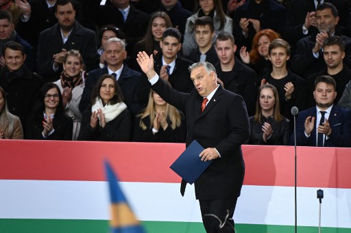 Le Premier ministre hongrois Viktor Orban lors d'un événement à Budapest le 23 octobre, pour commémorer le 65e anniversaire du soulèvement hongrois contre l'occupation soviétique le 23 octobre 2021. (Attila Kisbenedek / AFP)