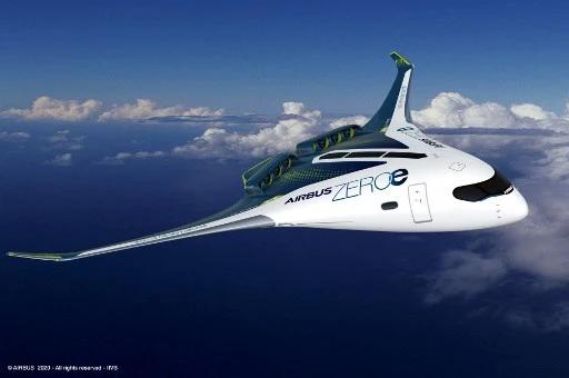 Cette image de synthèse publiée le 21 septembre 2020 par la société aéronautique multinationale européenne Airbus montre un prototype d'avion propulsé à l'hydrogène à zéro émission. (Airbus/AFP)