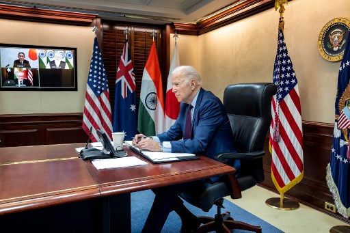 Le président américain Joe Biden rencontrant virtuellement les dirigeants de la Quadrilatérale sur l'attaque en cours de la Russie contre l'Ukraine. (AFP).