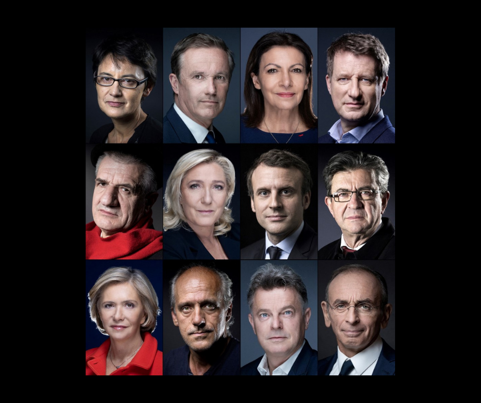 Compilation de photos montrant les 12 candidats aux Présidentielles de 2022 par ordre alphabétique. (AFP).