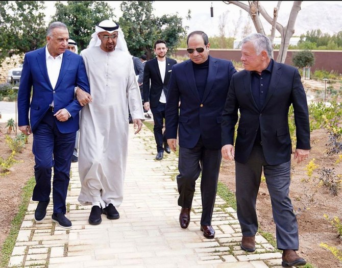 Le président égyptien Abdel Fattah El-Sisi, le roi de Jordanie Abdallah II, le prince héritier d'Abou Dhabi, cheikh Mohammed ben Zayed Al-Nahyan, et le premier ministre irakien Mustafa Al-Kadhimi se sont rencontrés dans la ville jordanienne d'Aqaba. (Fourni)