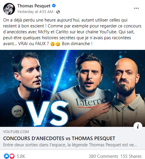(Capture d’écran du compte Facebook: Thomas Pesquet)