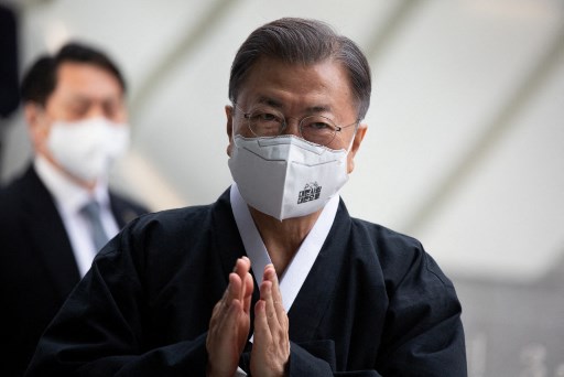 Le président sud-coréen Moon Jae-in lors d’une cérémonie du 103e anniversaire de la Journée du mouvement de l'indépendance du 1er mars à Séoul le 1er mars 2022. (Jeon Heon-Kyun / Pool / AFP