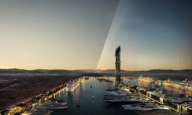 Une photo fournie par Neom le 26 juillet 2022 montre le plan de conception des structures parallèles de 500 mètres de haut connues sous le nom de «The Line», au cœur de la mégapole Neom, en mer Rouge. (AFP)