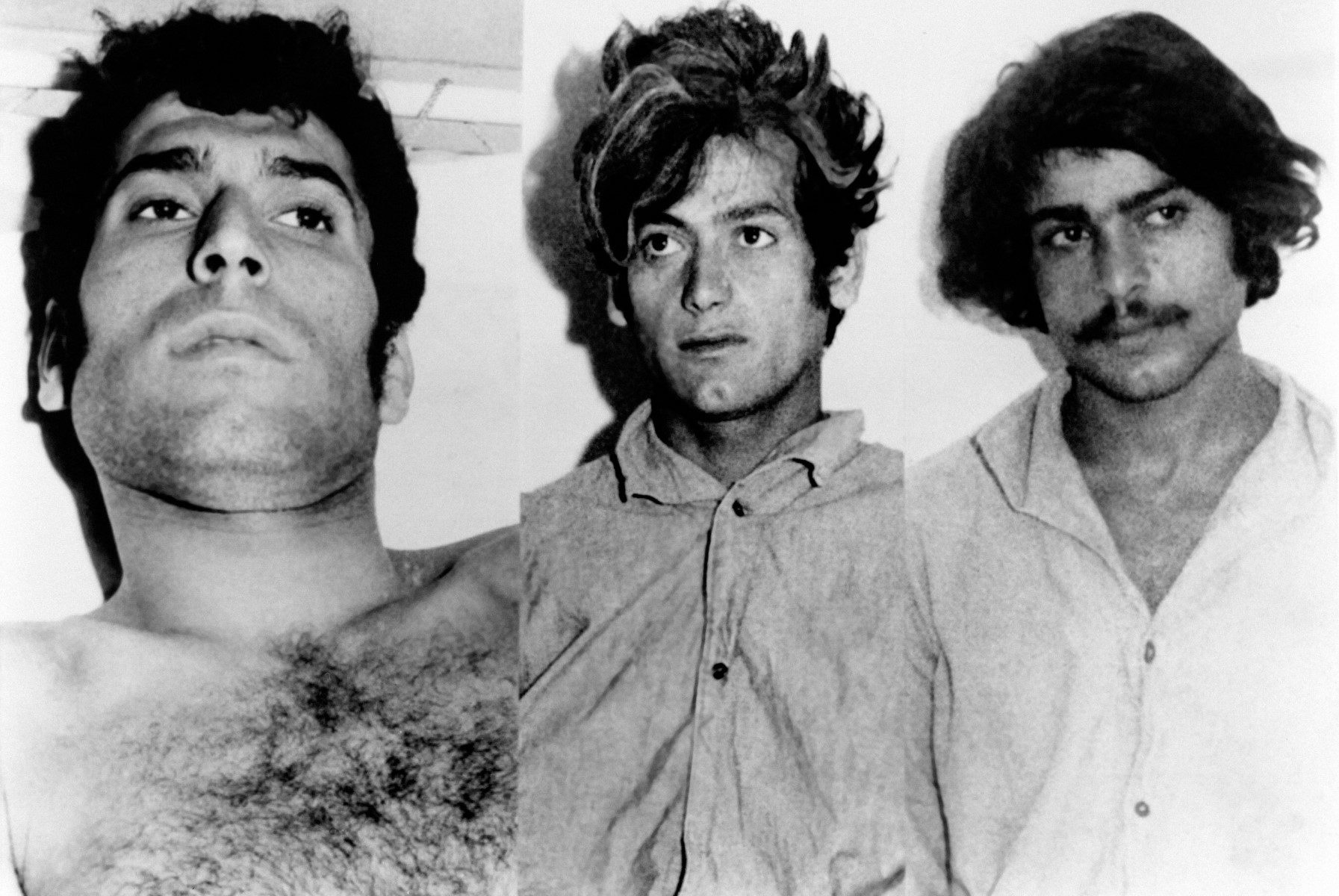 Cette combinaison de photos prises le 6 septembre 1972 montre trois militants capturés par la police allemande à la base aérienne de Fürstenfeldbruck, après l'échec de l'action des forces de police allemandes pour libérer les membres de l'équipe olympique israélienne qui avaient été pris en otage par des militants du groupe Septembre noir pendant les Jeux olympiques de Munich : (de gauche à droite) Ibrahim Mosoud Badran, Samer Mohamed Abdulah et Abed Kair al Dnawly. (Photo par EPU / AFP)