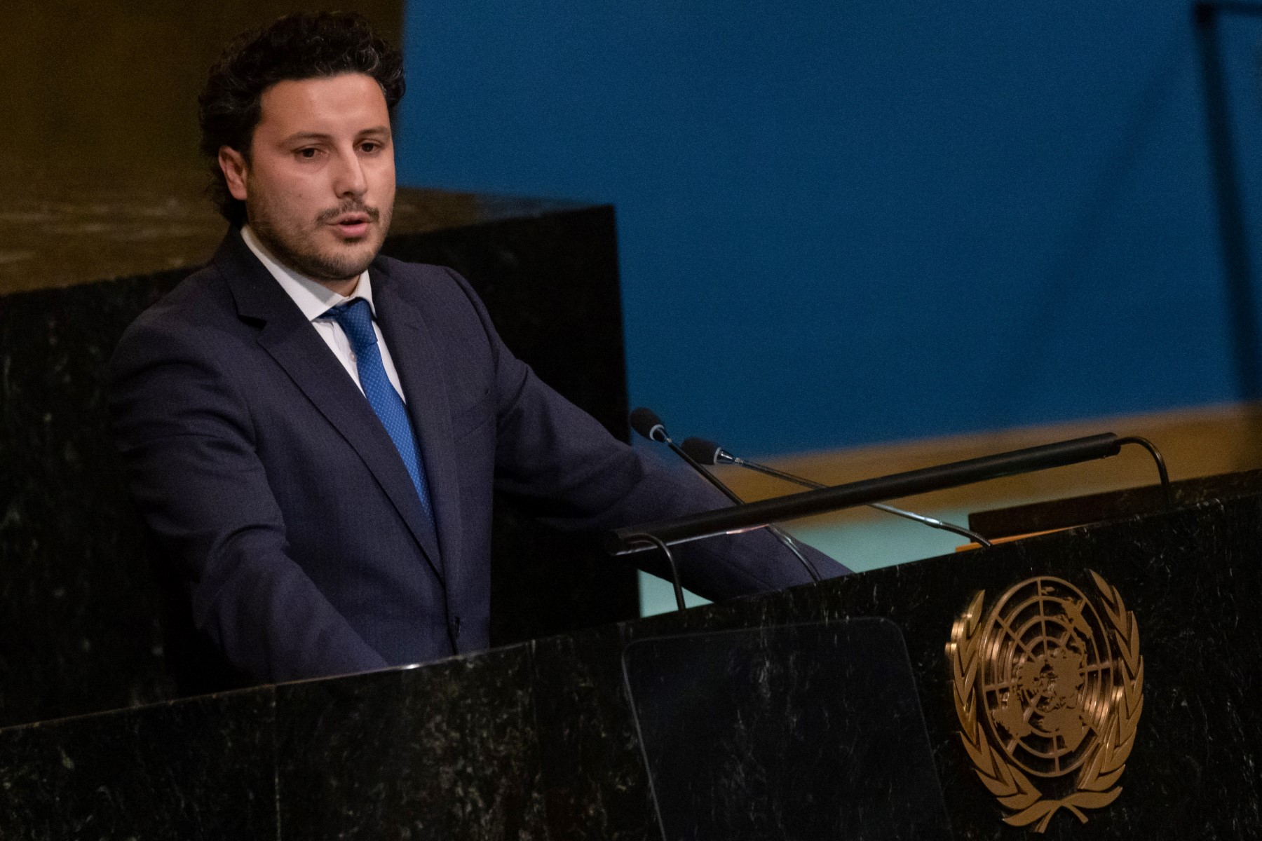 Le Premier ministre du Monténégro, Dritan Abazović, lors de la 77e session de l'Assemblée générale des Nations unies au siège de l'ONU à New York, le 23 septembre 2022. (Photo par Yuki Iwamura / AFP)