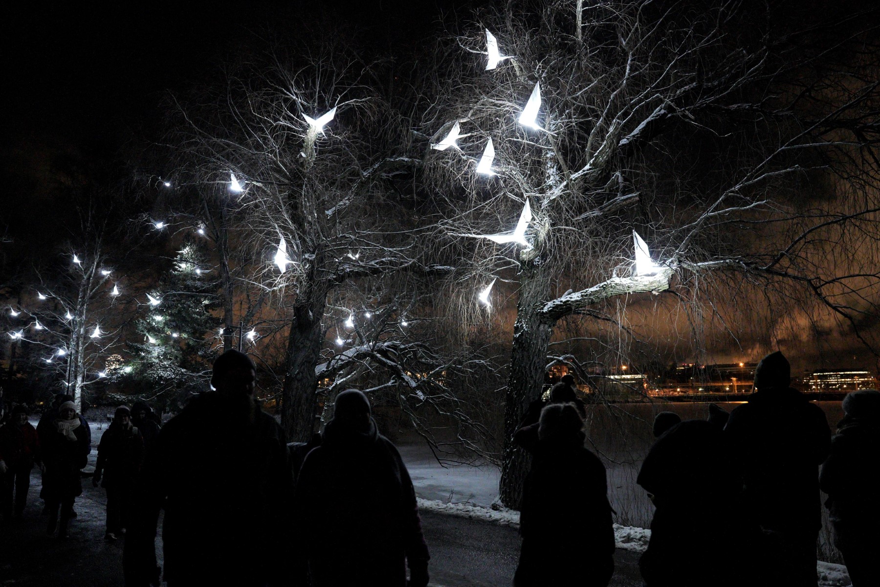 Des visiteurs regardent l'installation artistique "L'Envol" des artistes français Pitaya Light dans le cadre du festival de lumière Lux Helsinki à Helsinki, en Finlande, le 4 janvier 2023. (Photo : Alessandro Rampazzo / AFP)