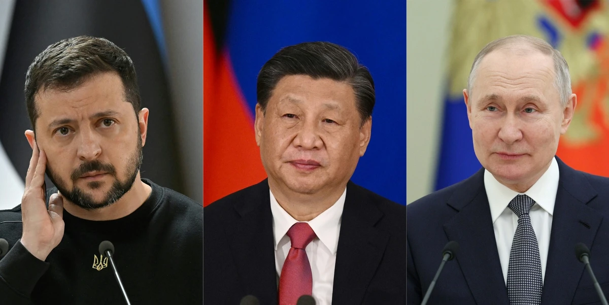 Cette combinaison d'images créée le 26 avril 2023 montre le président ukrainien Volodymyr Zelensky (à gauche), le président chinois Xi Jinping (au centre) et le président russe Vladimir Poutine (à droite) (AFP)