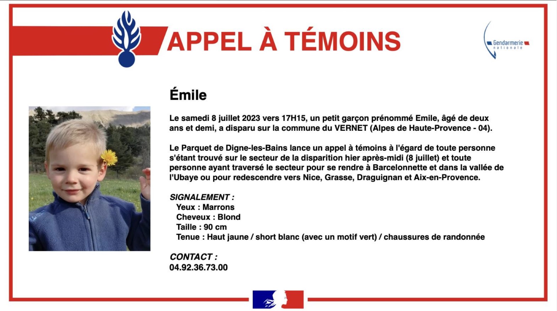 Disparition du petit Emile: 97 hectares ratissés, l'enfant toujours introuvable