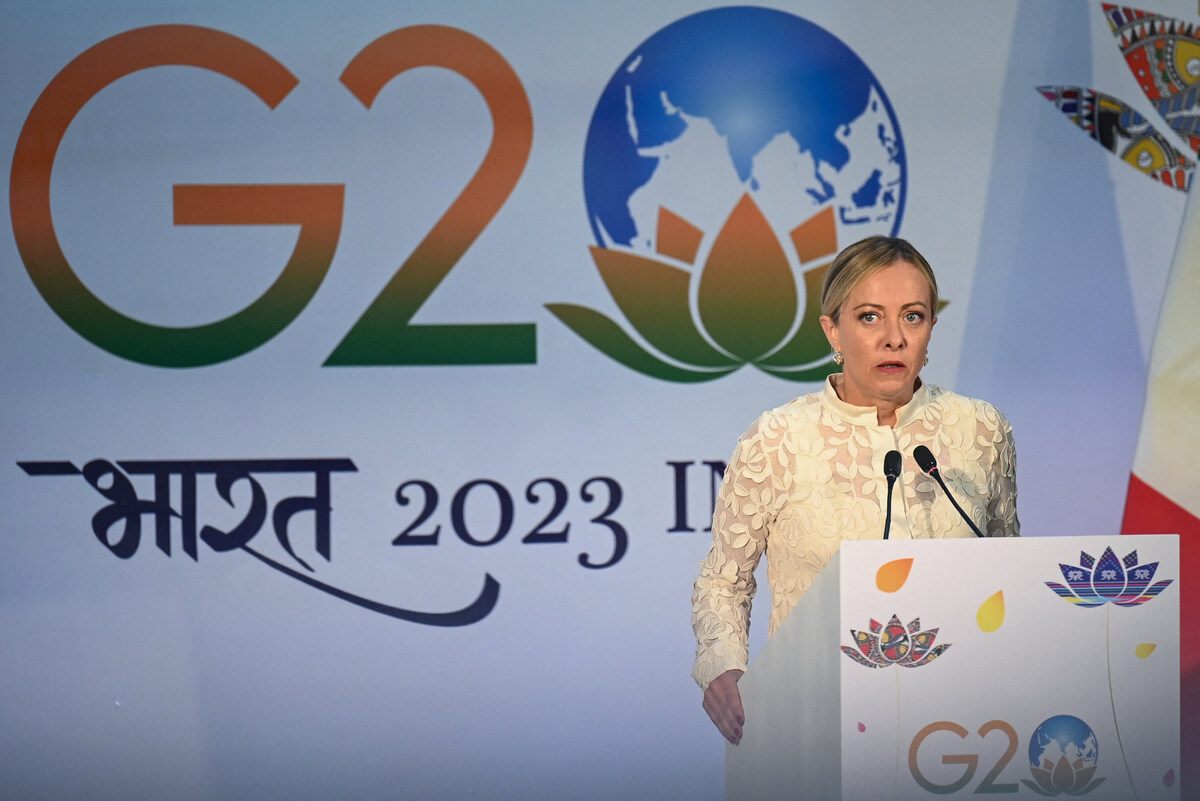 La Première ministre italiennne Giorgia Meloni s'exprime lors d'une conférence de presse après avoir participé au sommet du G20, à New Delhi, le 10 septembre 2023. (Photo Money Sharma AFP)