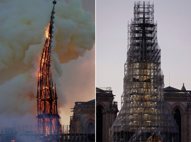 La silhouette de la flèche de Notre-Dame visible dans le ciel de Paris