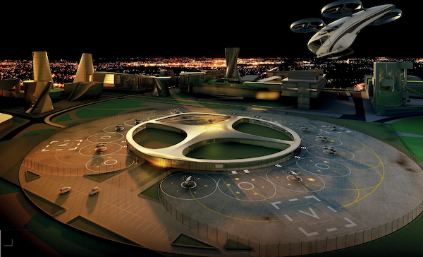 Image de synthèse / CGI d'un concept de Vertiport développé pour la Mobilité Aérienne Urbaine par Setec et ses partenaires. (photo fournie)