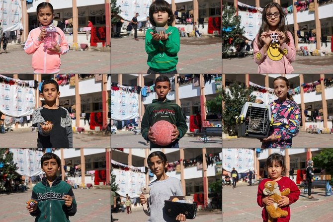 Chacun de ces enfants est représenté avec un objet important qu'il a emporté avec lui lorsqu'il a fui le nord de la bande de Gaza. L'ONU estime que 1,7 million de personnes ont été déplacées par les combats. (AFP)