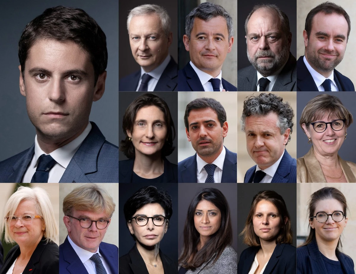 Cette combinaison de photographies créées le 11 janvier 2024 montre les membres du cabinet du nouveau Premier ministre Gabriel Attal (en haut à gauche) après l'annonce de sa nomination. (Photo AFP)