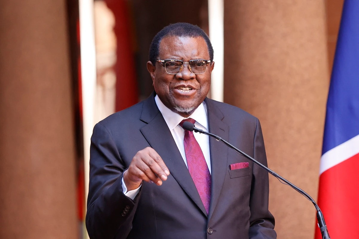 Le président namibien Hage Geingob s'exprime lors d'une conférence de presse conjointe avec le président sud-africain Cyril Ramaphosa lors de sa visite d'État en Afrique du Sud à l'Union Buildings à Pretoria, le 20 avril 2023. (Photo Phill Magakoe AFP)
