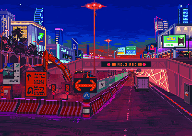 L'artiste saoudien Khaled Makshoush a réalisé une série d'images de la capitale du Royaume, des chantiers de construction aux grues, en passant par les rues emblématiques de la capitale et le désert serein aux couleurs de terre cuite. (Pixel Art par Khaled Makshoush)