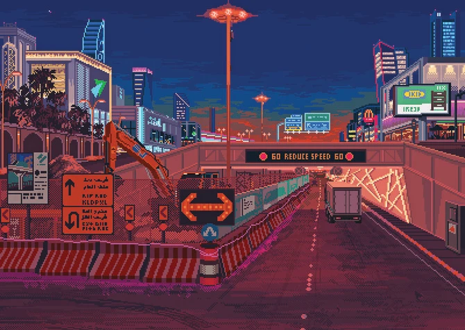 L'artiste saoudien Khaled Makshoush a réalisé une série d'images de la capitale du Royaume, des chantiers de construction aux grues, en passant par les rues emblématiques de la capitale et le désert serein aux couleurs de terre cuite. (Pixel Art par Khaled Makshoush)