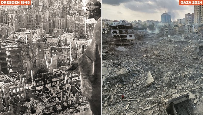 A gauche, Dresde, 1945. A droite, Gaza 2024 (fournie/AFP)