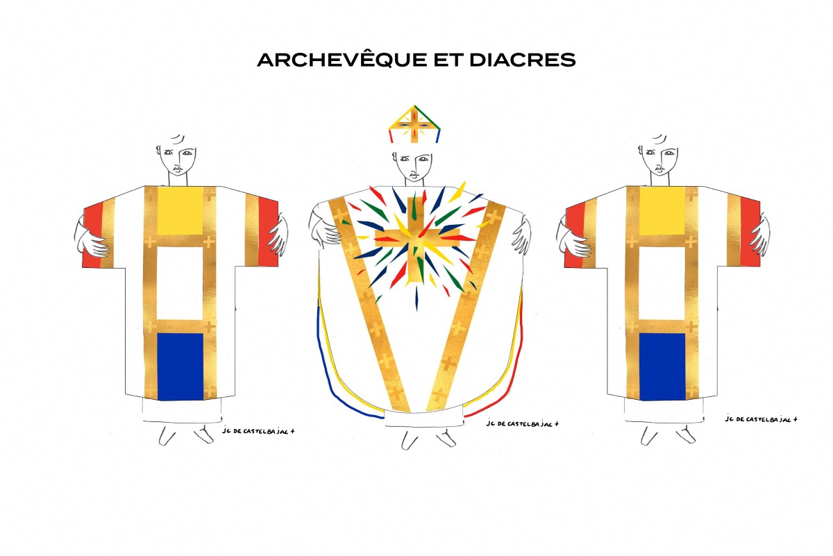 Cette photographie prise et diffusée le 25 juin 2024 par Jeancharlesdecastelbajac+ montre le dessin des futurs vêtements liturgiques de l'archevêque et du prêtre de Notre-Dame conçu par le créateur de mode français Jean-Charles de Castelbajac, 74 ans, qui s'est inspiré de l'immense croix dorée du chœur de Notre-Dame, épargnée par les flammes, le 26 juin 2024. (Photo par Handout Jean Charles de Castelbajac AFP)
