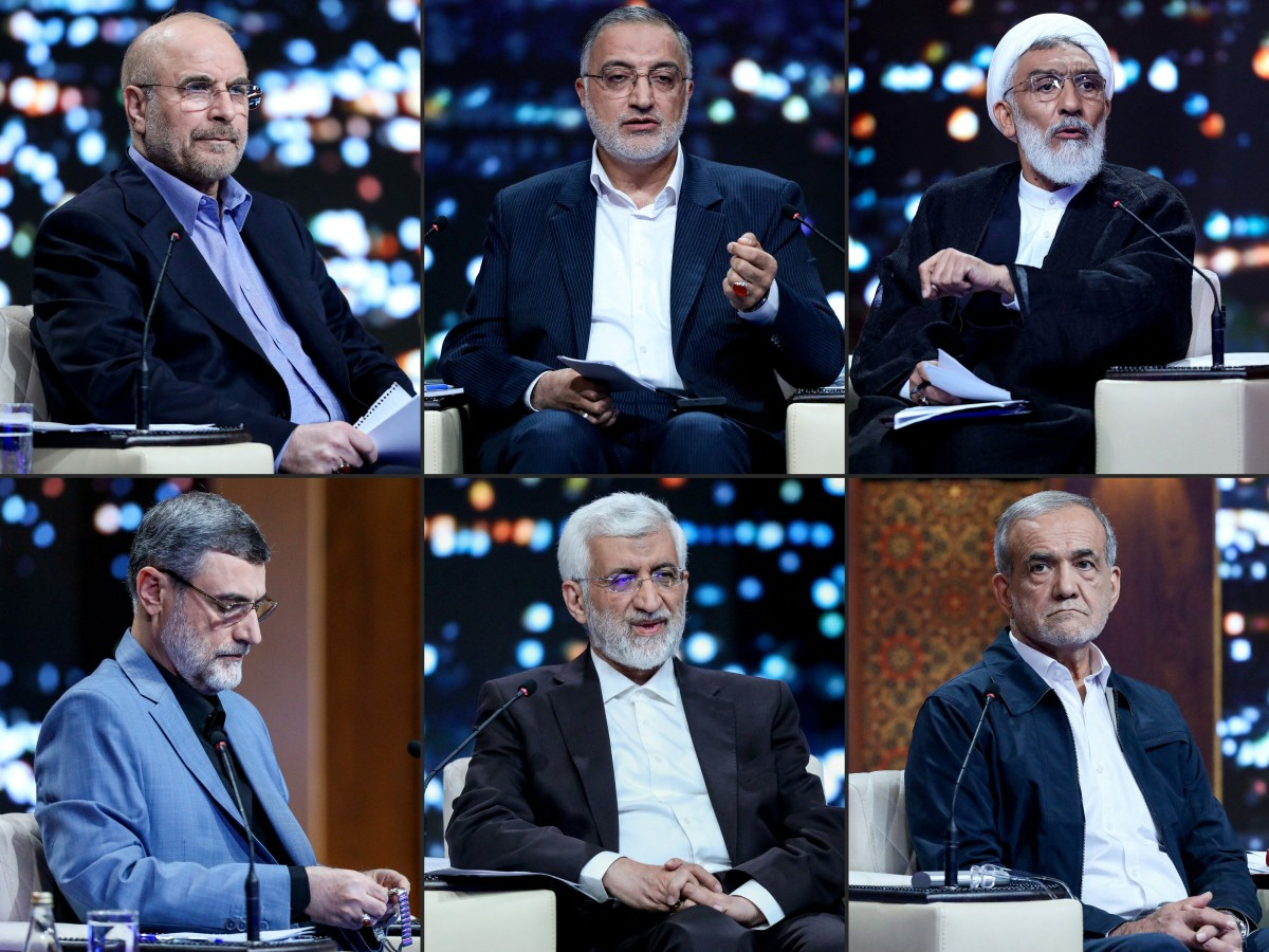 Cette combinaison créée le 18 juin 2024 d'images fournies par l'IRIB (Islamic Republic of Iran Broadcasting) montre les candidats à la présidence (dans le sens des aiguilles d'une montre) Mohammad Bagher Ghalibaf, Alireza Zakani, Mostafa Pourmohammadi, Masoud Pezeshkian, Saeed Jalili, et Amirhossein Ghazizadeh-Hashemi lors d'un débat au studio de la télévision d'État iranienne à Téhéran, le 17 juin 2024. (Photo Morteza Fakhrinejad IRIB AFP)
