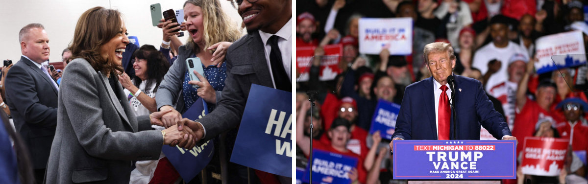 La vice-présidente Kamala Harris (à gauche), candidate démocrate à l'élection présidentielle, et le candidat républicain Donald Trump font campagne dans l'État américain du Michigan, un État clé pour les deux candidats, le 19 octobre 2024. (Getty Images/AFP)
