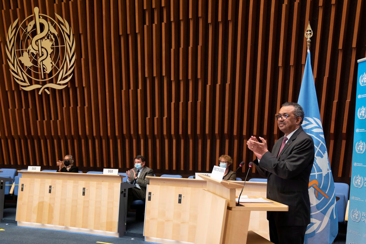 WHO Director General Tedros Adhanom Ghebreyesus at the World Health Assembly (WHA), Geneva, Switzerland, May 24, 2021. (Reuters)