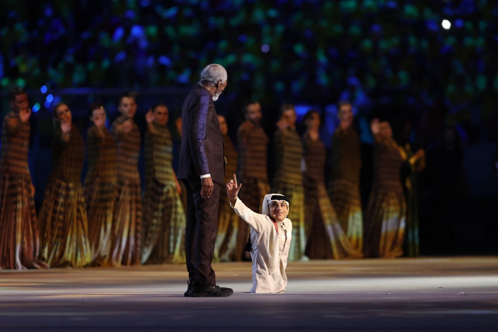 Ghanim Al-Muftah, Qatari disability activist & World Cup ambassador, with US actor, Morgan Freeman at the WC opening ceremony