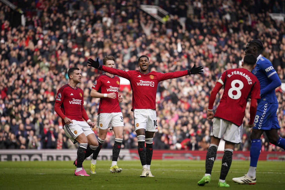 Manchester United’s Marcus Rashford celebrates after scoring his side’s second goal with a penalty kick during their English Premier League match against Everton at the Old Trafford stadium in Manchester on Mar. 9, 2024. (AP)