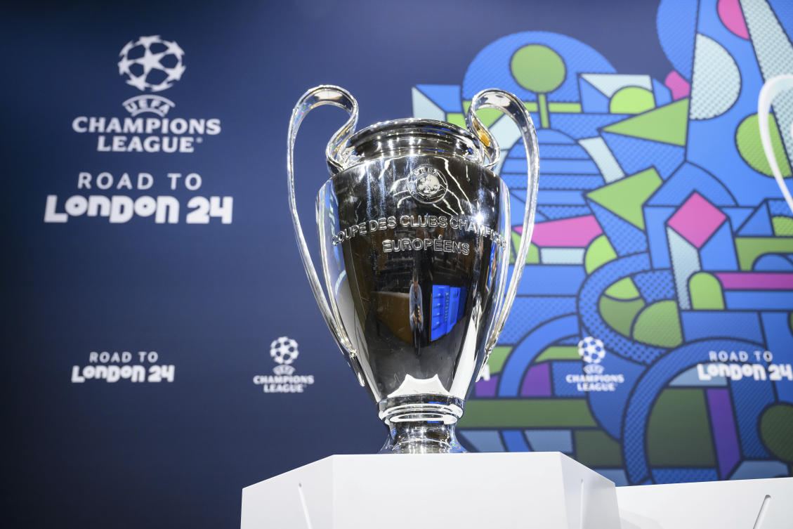 The Champions League trophy is pictured during the quarter-final draw of the UEFA Champions League 2023/24, at the UEFA Headquarters in Nyon on Mar. 15, 2024. (AP)