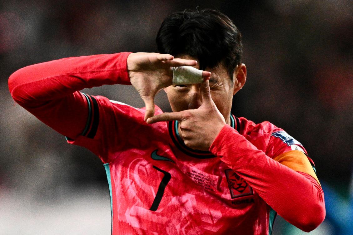 South Korea’s captain Son Heung Min celebrates after scoring a goal during the FIFA World Cup Asian qualifiers second round group C match against Thailand at at Seoul World Cup Stadium on Mar. 21, 2024. (AFP)