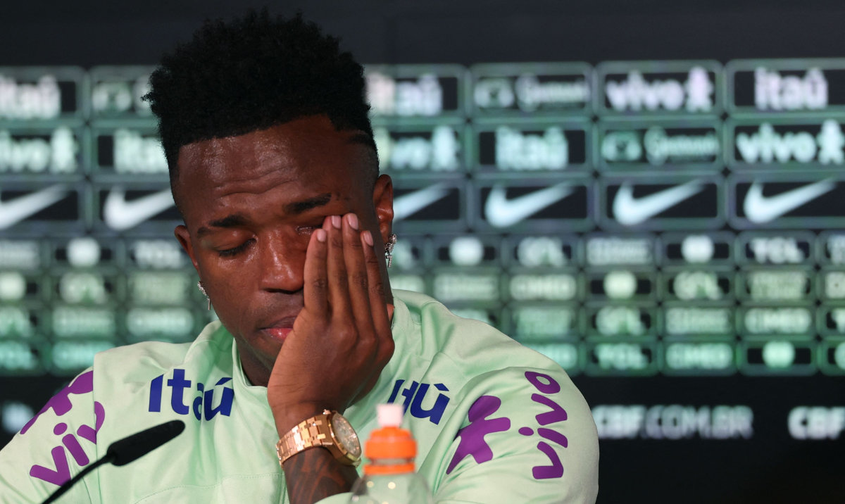 Brazil's forward Vinicius Junior during a press conference on the eve of the international friendly football match between Spain and Brazil at the Ciudad Real Madrid training ground in Valdebebas, outskirts of Madrid, on March 25, 2024. (AFP)