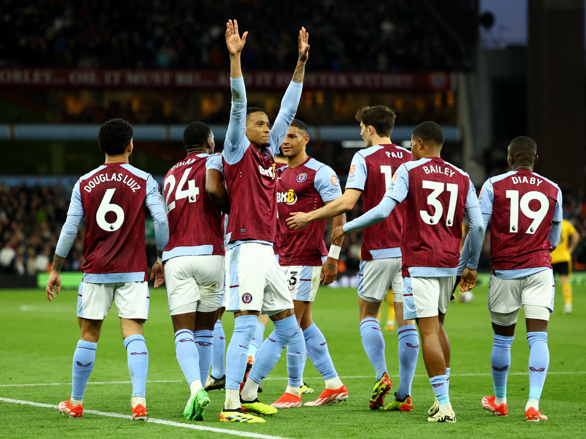Aston Villa’s Ezri Konsa celebrates scoring their second goal with teammates during the Premier League match between Aston Villa and Wolverhampton Wanderers at Villa Park, Birmingham, Britain on March 30, 2024. (Reuters)