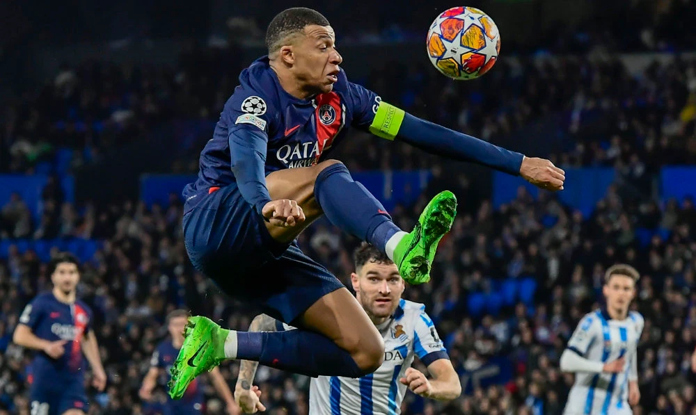 PSG's Kylian Mbappe kicks the ball during the Champions League round of 16 second leg soccer match between Real Sociedad and Paris Saint-Germain, at the Reala Arena stadium in San Sebastian, Spain, Tuesday, March 5, 2024. (AP)