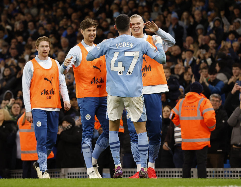 Manchester City’s Phil Foden celebrates scoring their third goal with Kevin De Bruyne, John Stones and Erling Braut Haaland during their Premier League match against Aston Villa at Etihad Stadium, Manchester, on Apr. 3, 2024. (Reuters)