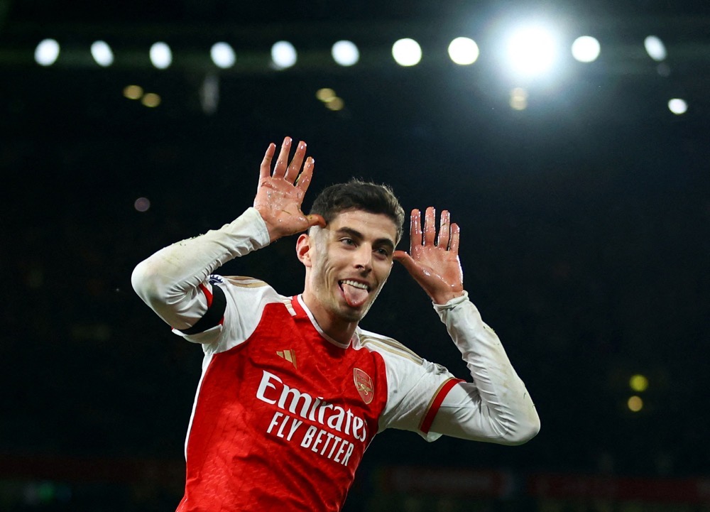 Arsenal's Kai Havertz celebrates scoring the Gunners third goal. (Reuters)