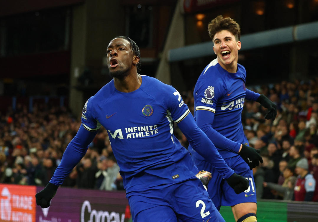 Chelsea’s Axel Disasi celebrates scoring their third goal with Cesare Casadei before being disallowed after a VAR review during their Premier League match against Aston Villa at Villa Park, Birmingham on Apr. 27, 2024. (Reuters)