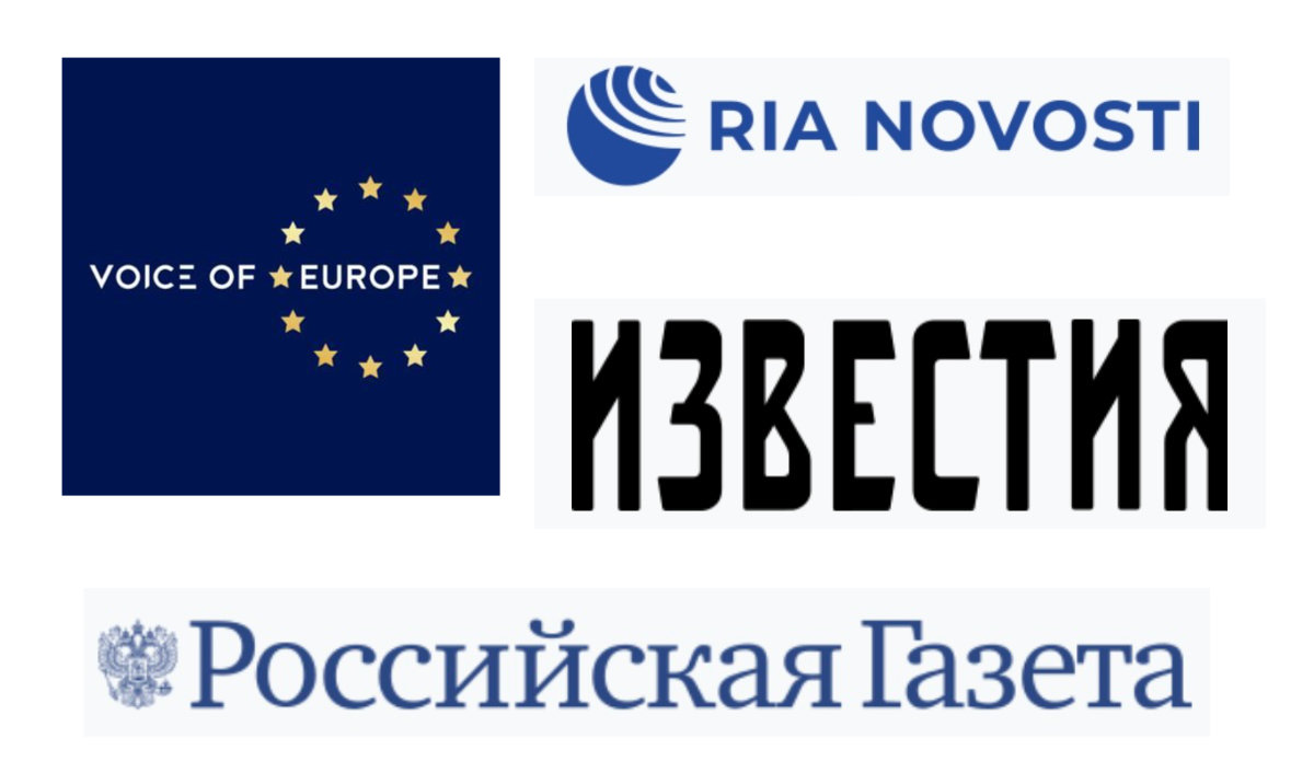 Combo image showing the logos of Voice of Europe, Ria Novosti, Izvestia and Rossiyskaya Gazeta. (X/Wikipedia images)