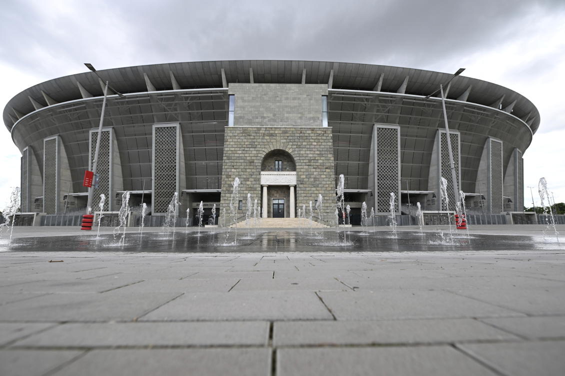 An external view of Puskas Arena in Budapest on May 22, 2024, after the Executive Committee of UEFA decided this soccer stadium will host the final match of men’s soccer Champions League in 2026. (AP)