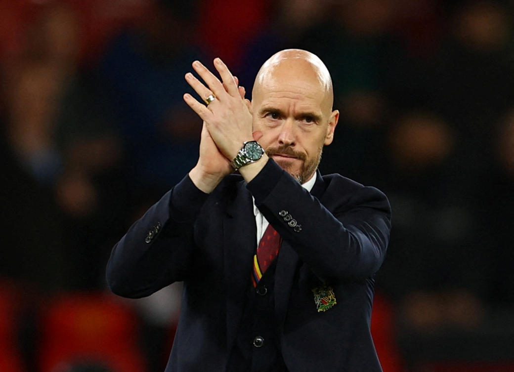 Manchester United manager Erik ten Hag during a lap of appreciation after their last home game of the Premier League season against Newcastle United at Old Trafford on May 15, 2024. (Reuters)