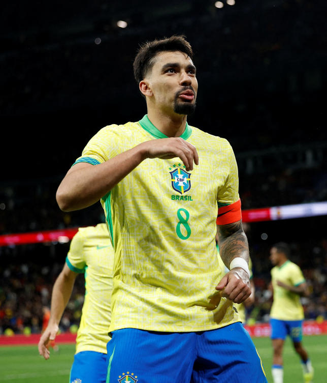 Brazil’s Lucas Paqueta celebrates scoring their third goal during their friendly against Spain at Santiago Bernabeu, Madrid, on Mar. 26, 2024. (Reuters/File)